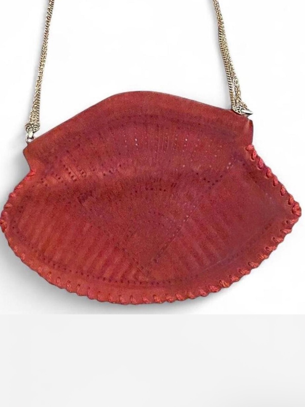 Vintage 70s Boho Red Suede Handmade Purse W/  Removable Gold Chain Clasp